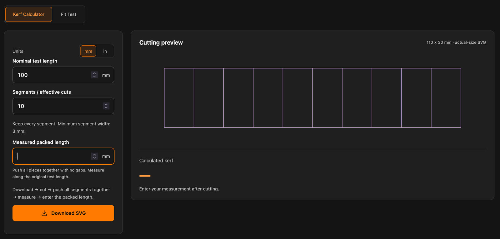 Kerf Calculator interface